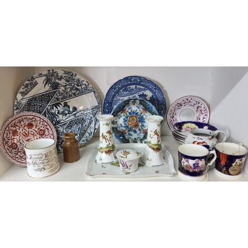 332 - Ceramics - a Gaudy Welsh jug;  Sunderland lustre saucers;  an early 19th century Willow pa... 