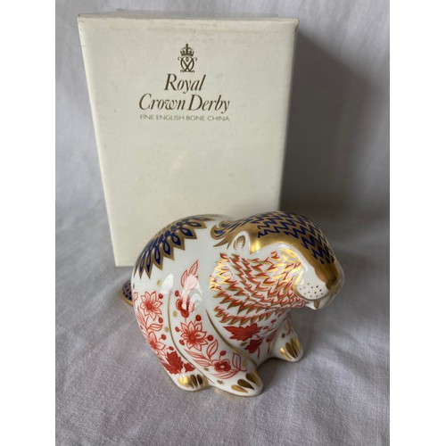 362 - A Royal Crown Derby paperweight, Beaver, printed mark,  gold stopper, boxed