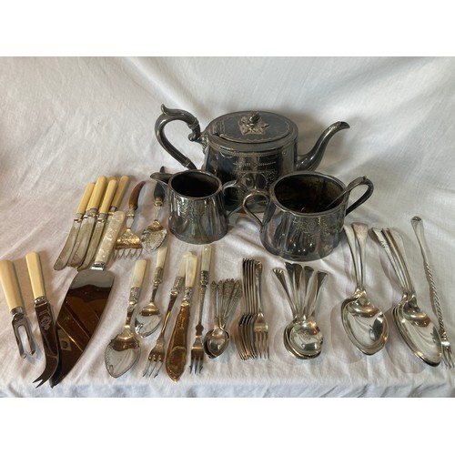 379 - An E.P.B.M.  three piece tea servce, c.1880;  flatware;  preserve and pickle spoons a... 