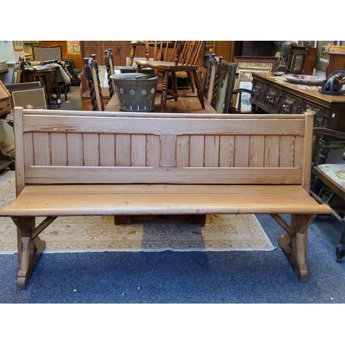 164 - A smaller Victorian pitch pine church pew, slatted back, 172cm long, c,1860