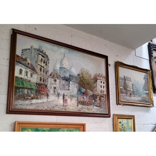 386 - Burnett (20th century) oil on canvas - two Parisian street scenes, framed.The largest 88cm w x 68cm ... 