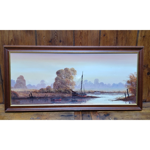 388 - Gordon Allen (20th century)Moored Fishing Boatsigned, oil on canvas, 37cm x 90cm, framed