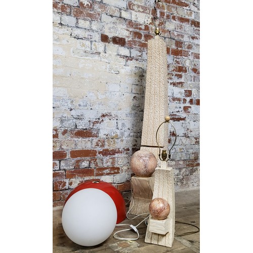 398 - An unusual contemporary ceramic floor lamp with conforming table lamp (af); an opaque glass globe ta... 