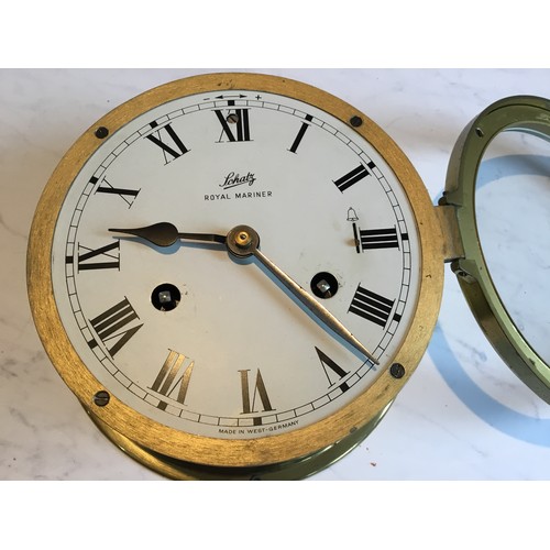 8 - A Schatz Royal Mariner Marine brass clock, twin winding holes, 13cm dial, with Roman numerals, brass... 