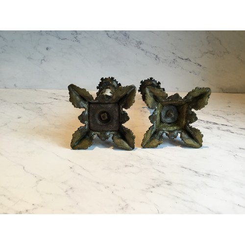 71 - A pair of 19th century French bronze and opaque glass candlesticks, foliate cast sconces, white glas... 