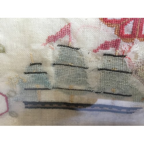 95 - A Victorian Marine needlework sampler, embroidered with 3 masted ship, stylised flowers and angels, ... 