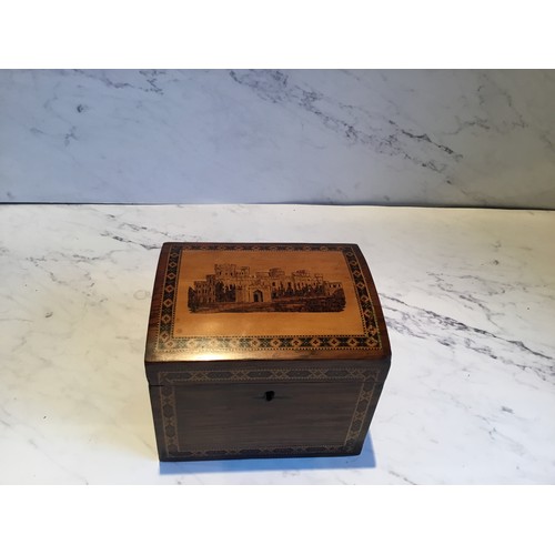 296 - A 19th century Tunbridge Ware tea caddy, the cover inlaid with Windsor Castle, banded borders, 10.5c... 