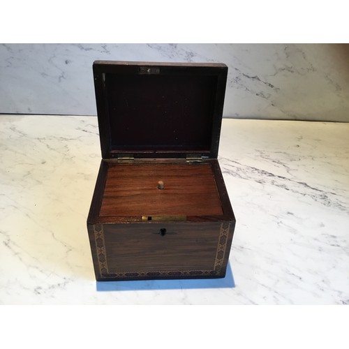 296 - A 19th century Tunbridge Ware tea caddy, the cover inlaid with Windsor Castle, banded borders, 10.5c... 