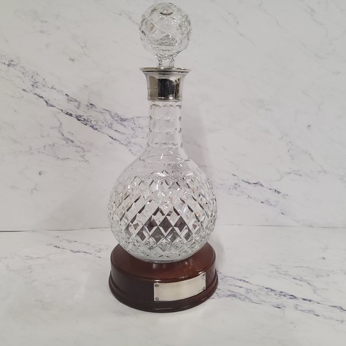 333 - A hobnail cut globular decanter, silver collar, prismatic ball stopper, mahogany base, 33cm high, Bi... 