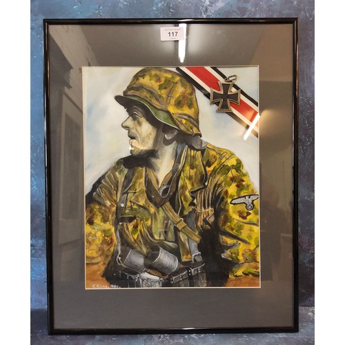 117 - WWII interest - a gouche on canvas of a WWII German Paratrooper, signed & dated E. Else 1980, mo... 