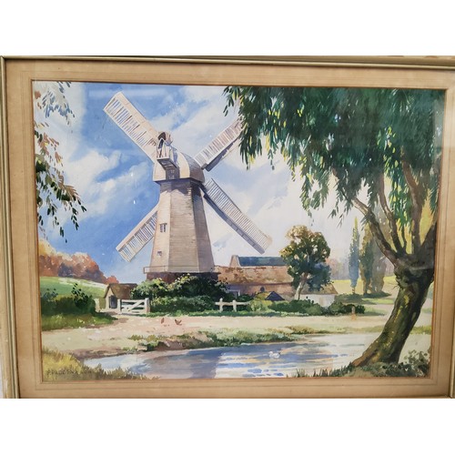 405 - P Padden, Windmill, signed, watercolour, 35cm x 41.5cm;  W Lindley, Fishing Boats on Calm Water... 