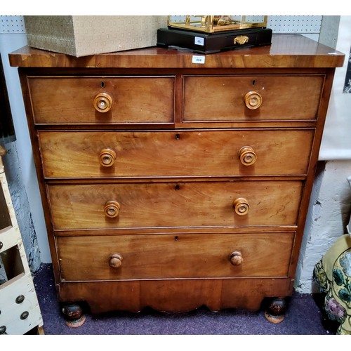 494 - An early Victorian mahogany chest, of two above three graduated drawers, turned fruitwood handles wi... 