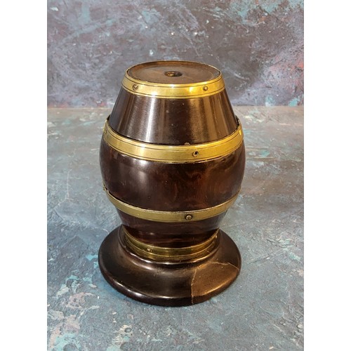 315 - A 19th century lignum vitaes and brass bound string barrel, spreading circular stand, 10cm high, c.1... 