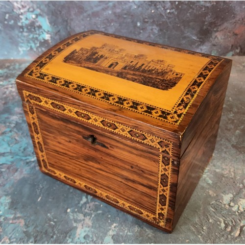 296 - A 19th century Tunbridge Ware tea caddy, the cover inlaid with Windsor Castle, banded borders, 10.5c... 