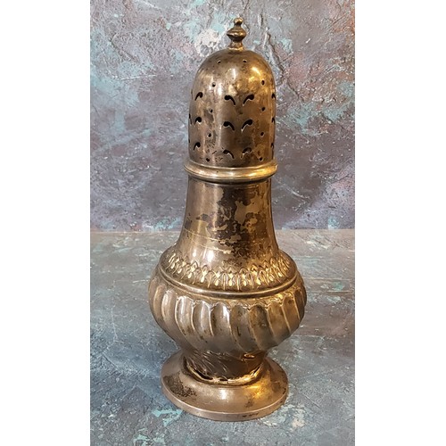 282 - A silver baluster sugar caster, fluted base, lofty domed pierced cover, 17.5cm high, Birmingham 1910... 