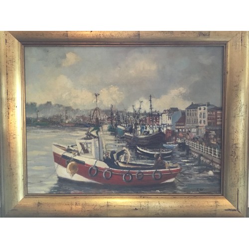 618 - Linda Wier (20th century)Fishing Boats Moored at the Harboursigned with initials, oil on board, 32cm... 