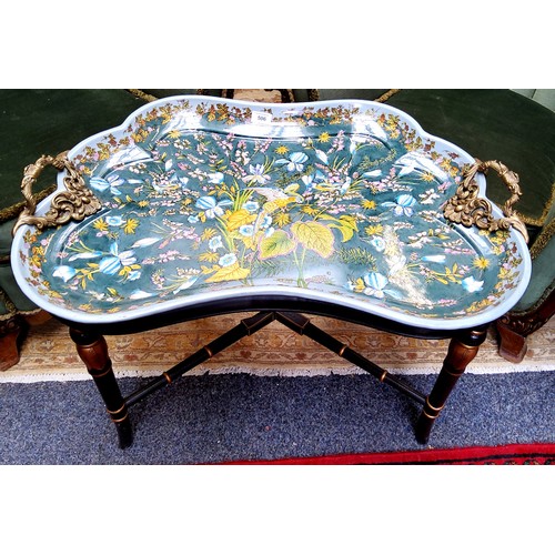 506 - A French-style  shaped rectangular tray, cast foliate scroll gilt metal handles, the field decorated... 