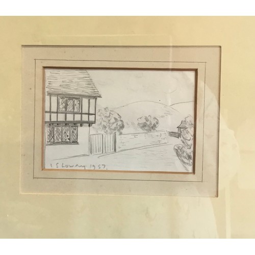 135 - After LS Lowry, Tudor Cottage, bears signature and dated 1957, pencil sketch, 8cm x 12.5cm