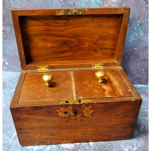 151 - A 19th century walnut tea caddy, the domed top inlaid with floral marquetry, the interior with two l... 