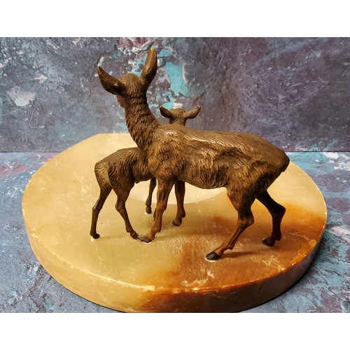 156 - An Austrian cold painted bronze mounted onyx dish, cast with deer, 15cm wide, c.1920