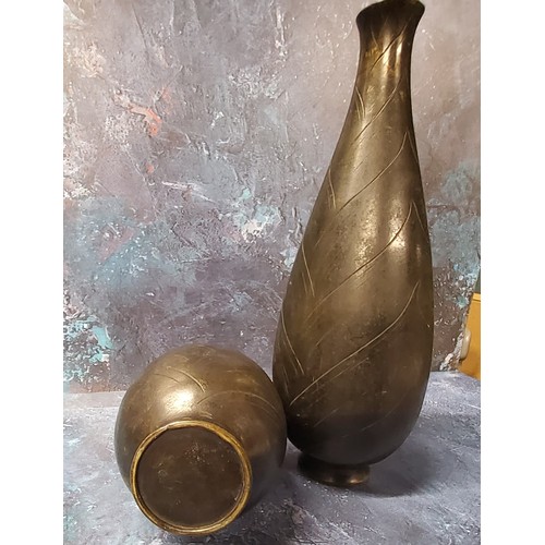 158 - A pair of Japanese bronze ovoid vases, engraved with leaves, 23.5cm high, Meiji period