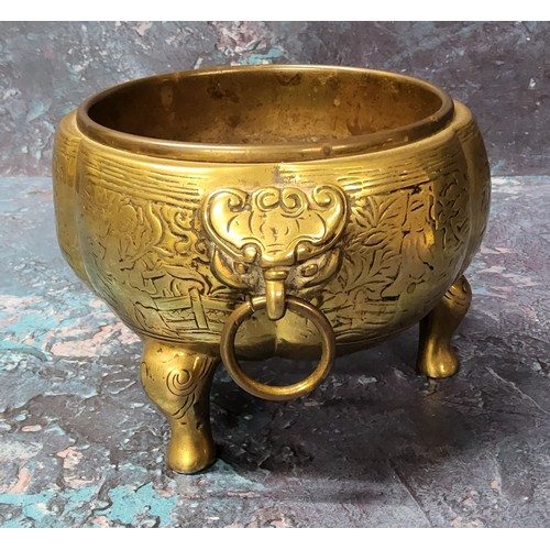 160 - Oriental - a Chinese bronze incense or offetory bowl, signs of age, bold bat escutcheons with loop h... 