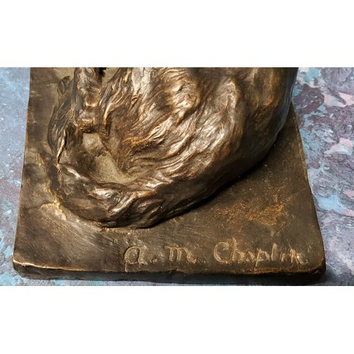 177 - A M Chaplin, 20th century, dark patinated bronze, cat and her kittens, rectangular base, 14cm wide, ... 