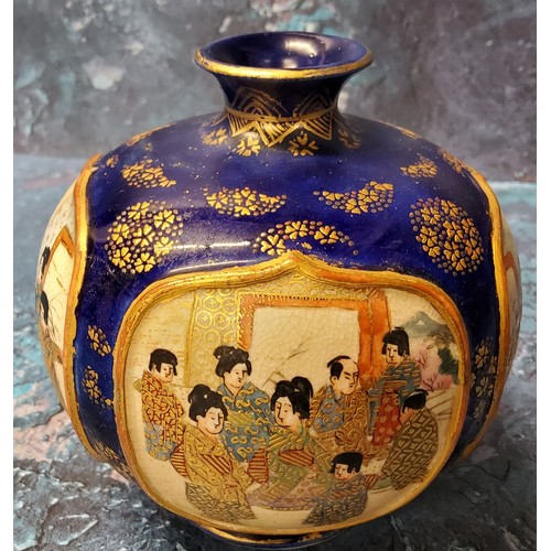 180 - A Japanese Satsuma globular vase, with four raised cartouches, each with figures, cobalt blue ground... 