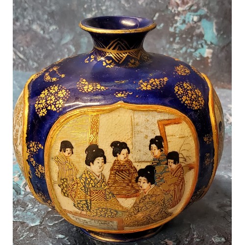 180 - A Japanese Satsuma globular vase, with four raised cartouches, each with figures, cobalt blue ground... 