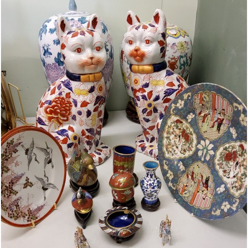 206 - A large pair of Chinese Imari cats, 20th century;  large Chinese ginger jar and cover;  cloisonne du... 