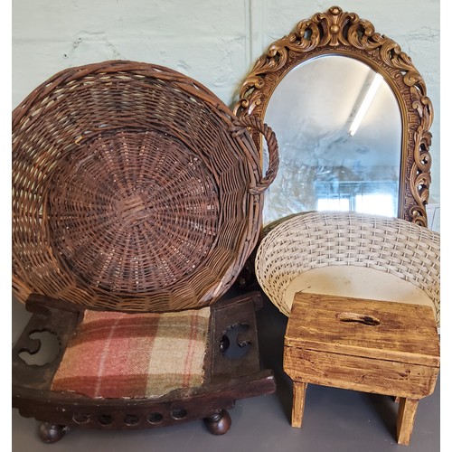 234 - A two handled wicker basket;  a foot stool;  another;  an arched gilt foliate pierced mirror;  etc