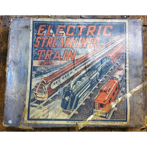 239 - Electric Streamlined Train Set,  locomotive, three coaches,   made in England, Engine... 