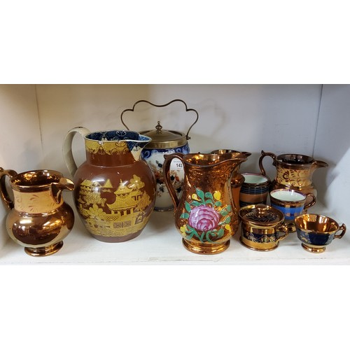 143 - Victorian Copper Lustre - various jugs, mugs, preserve pot and cover;  a Staffordshire lobed biscuit... 