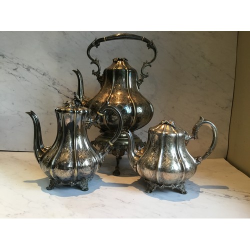 283 - A Victorian part E.P.N.S. tea service, of fluted baluster form, comprising tea kettle on stand, coff... 