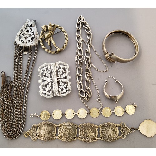 326 - An EPNS nurses buckle;  a chatelaine chain;  George V 3d bracelet;  etc