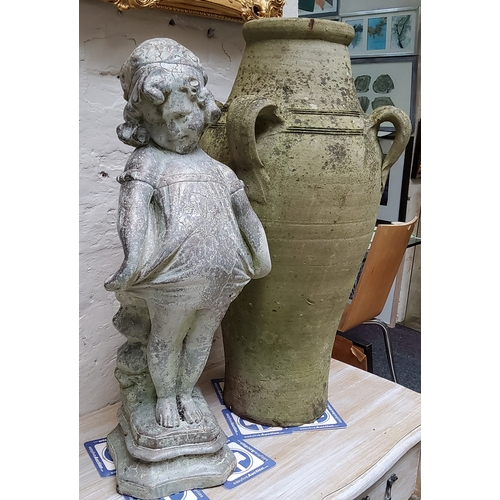 403 - A reconstituted garden ornament of a bashful little girl and a large amphora vase (2)