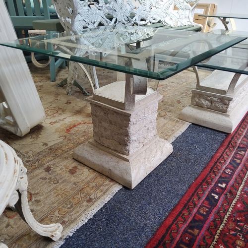 406 - A set of three contemporary outdoor patio or conservatory occasional tables, stone effect, toughened... 