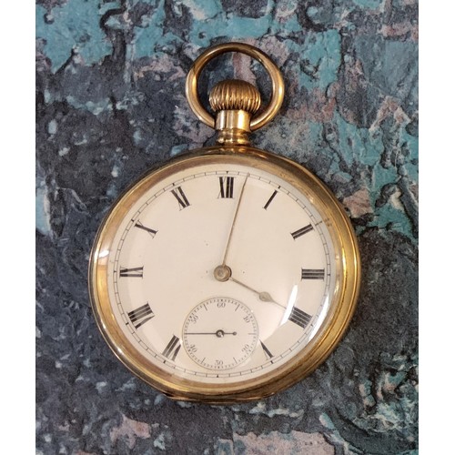 335 - A 14ct gold plated open faced pocket watch, AWW CO. Waltham, Mass movement no. 11570372, ALD case, 2... 