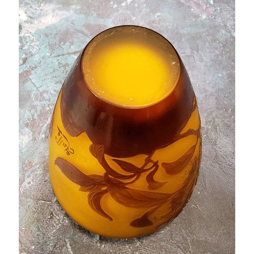 14 - An Art Glass ovoid vase, etched with honeysuckle, on a light orange ground, bears signature Galle, 1... 