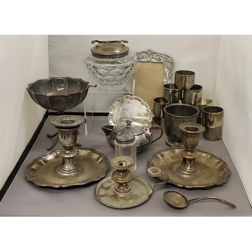 60 - Plated Ware - a pair of Sheffield Plated chambersticks;  another, smaller;  napkin rings, sugar vase... 