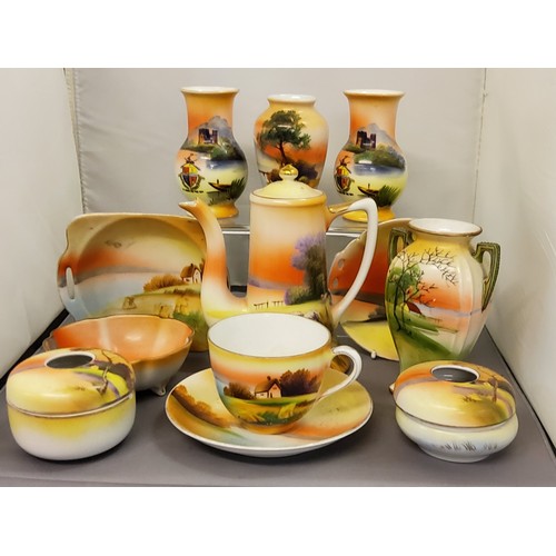 68 - Noritake Ceramics - coffee pot, vases, dressing table pots and covers, trinket dishes, etc, each dec... 