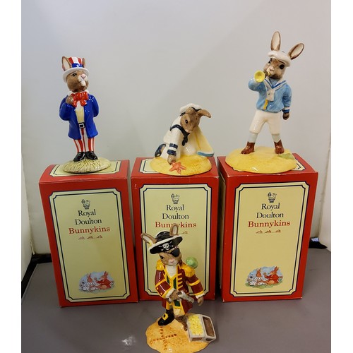 69 - Royal Doulton Bunnykins - Little Boy Blue; Sailor;  Uncle Sam, all boxed;  another, Ship's Mate Pira... 