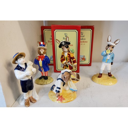 69 - Royal Doulton Bunnykins - Little Boy Blue; Sailor;  Uncle Sam, all boxed;  another, Ship's Mate Pira... 