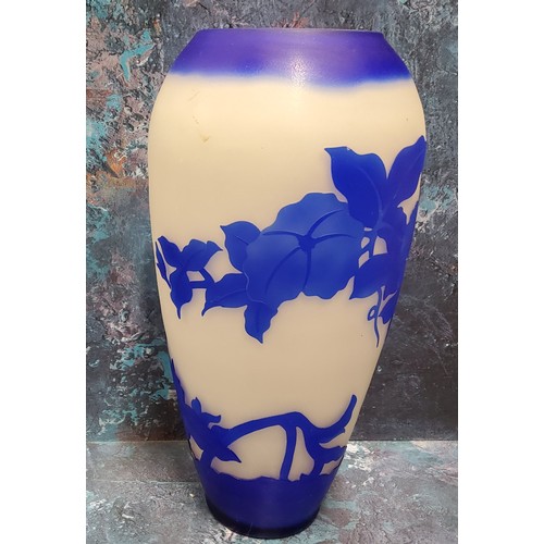 16 - An Art Glass ovoid vase, etched with in blue with honeysuckle, on a white ground,  bears signature G... 