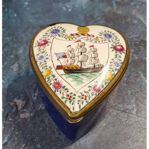 296 - An 19th century heart-shaped enamelled patch box, the cover decorated with three mast ship in a shie... 