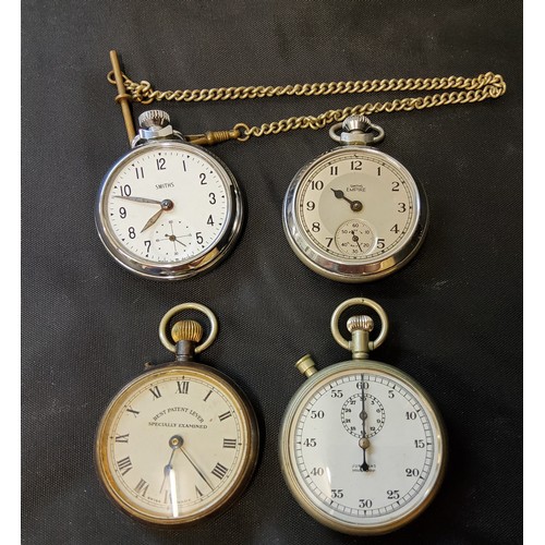 288 - An E.P.N.S. open faced pocket watch;  others chrome plated, Smiths;  a stop watch (4)