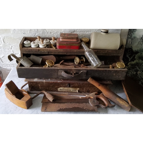 764 - Tools & Salvage - Victorian porcelain drawer handles; 19th century plumbing tools, tool box etc ... 