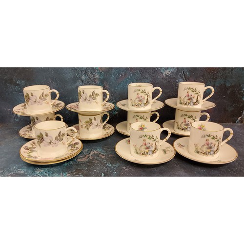 28 - A set of six Royal Worcester Watteau pattern coffee cans and saucers, printed mark;  a set of five J... 