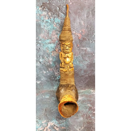 45 - Tribal Art - a novelty figural bone and copper wire work pipe, 36cm long