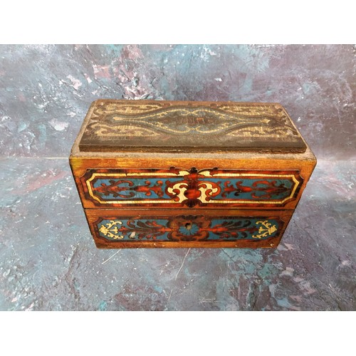 51 - A 19th century French Boulle and ebonised scent casket,  enclosing three clear glass bottles outline... 